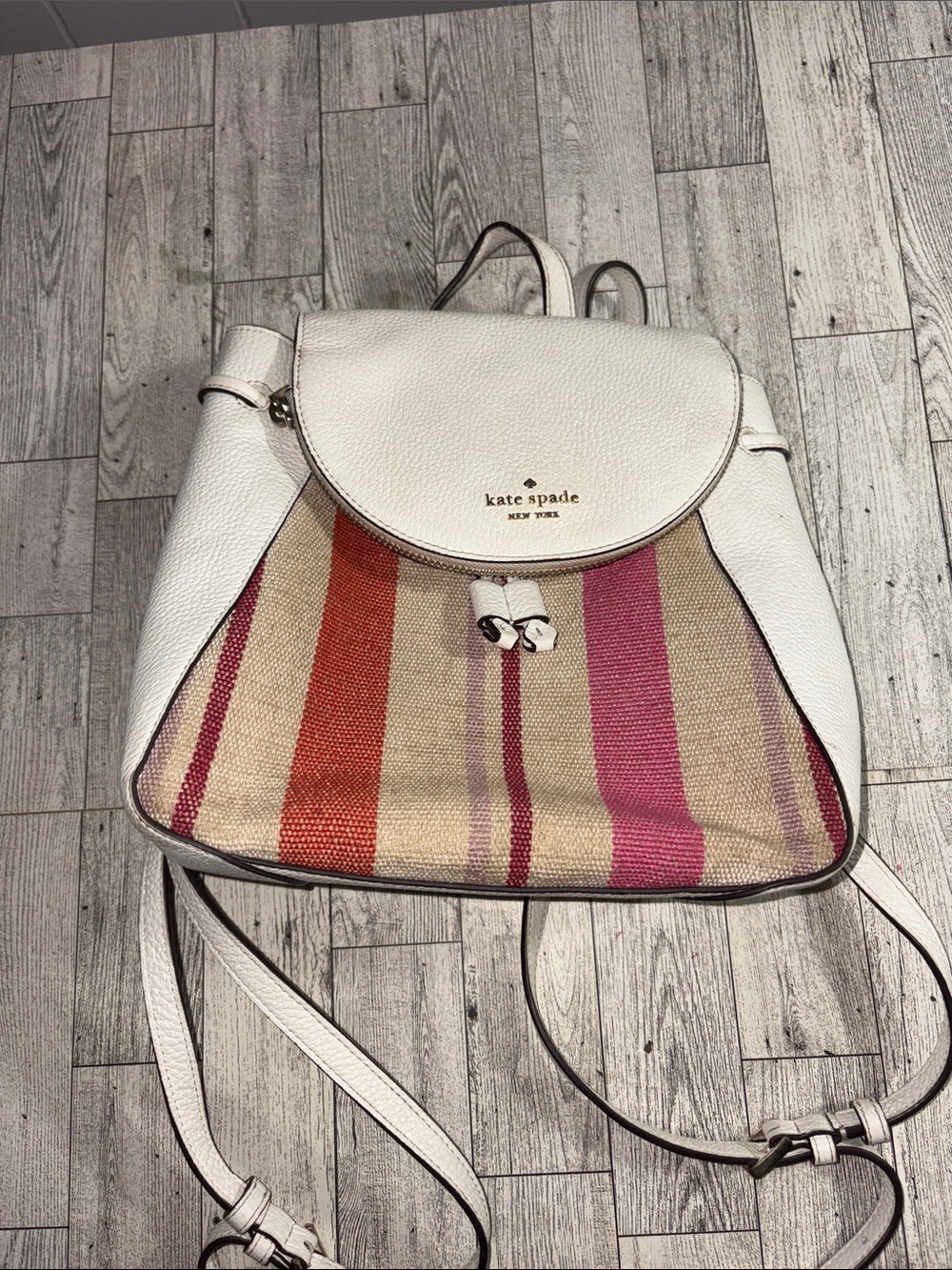 kate spade White Leather & Striped Canvas Backpack